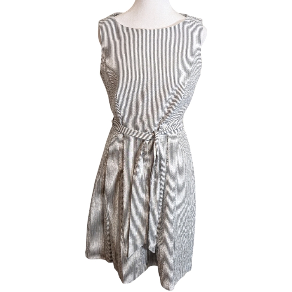 New Anne Klein Midi Dress Size 6 White & Grey Stripes with Bow Elegant MSRP $119